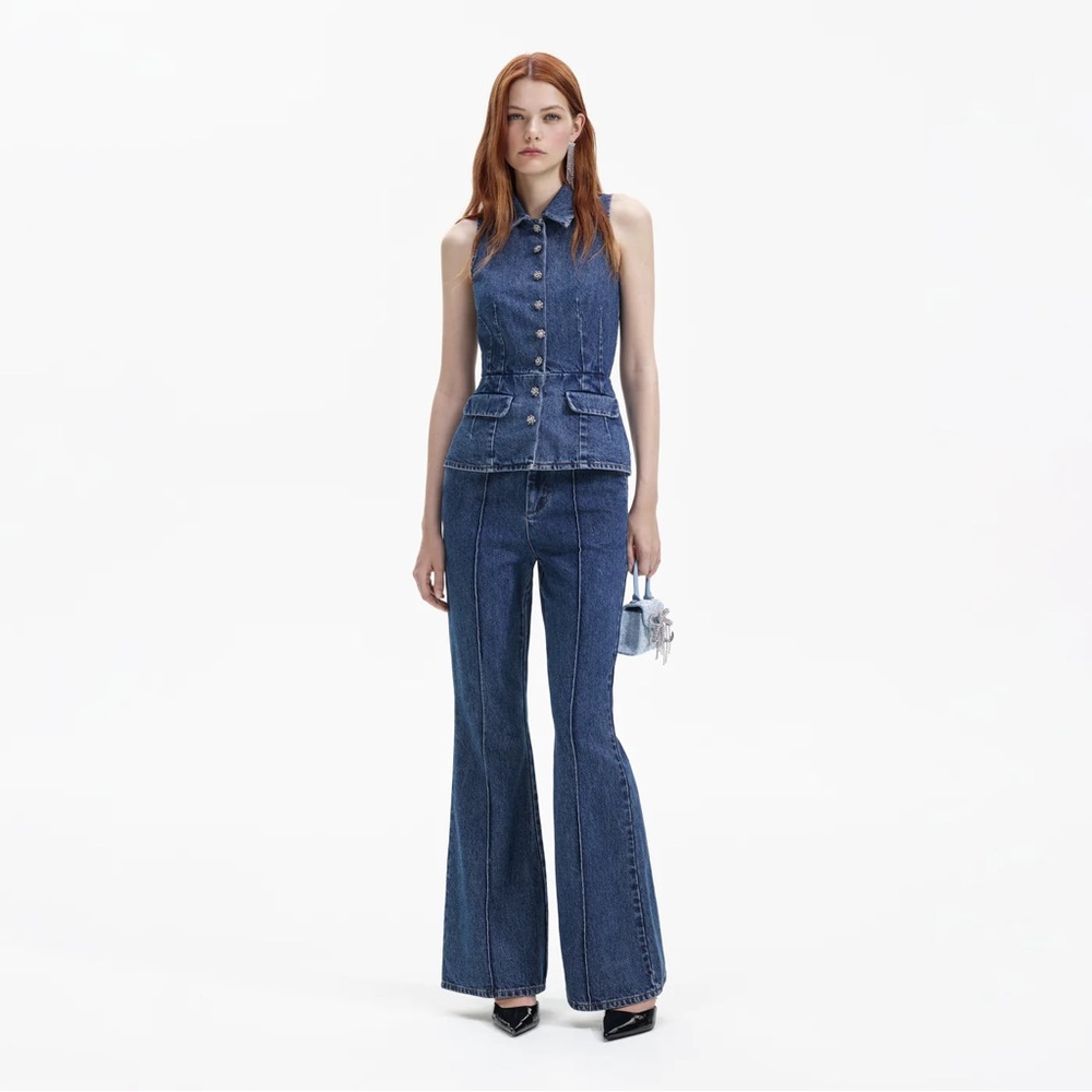 Two piece Self-Portrait Jumpsuit - Blue Flare Wide Leg Jeans with Denim Vest